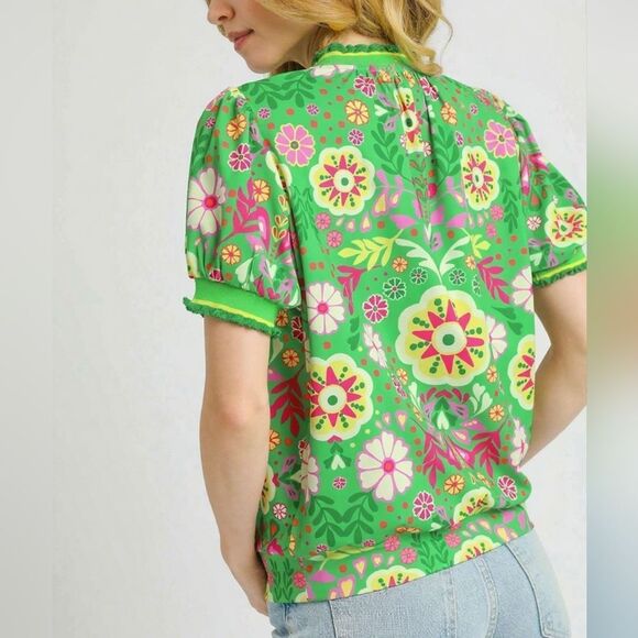 🎁25% Off Bundles🎁 Umgee Retro Floral Puff Sleeve Top Floral Green Top - Picture 2 of 5